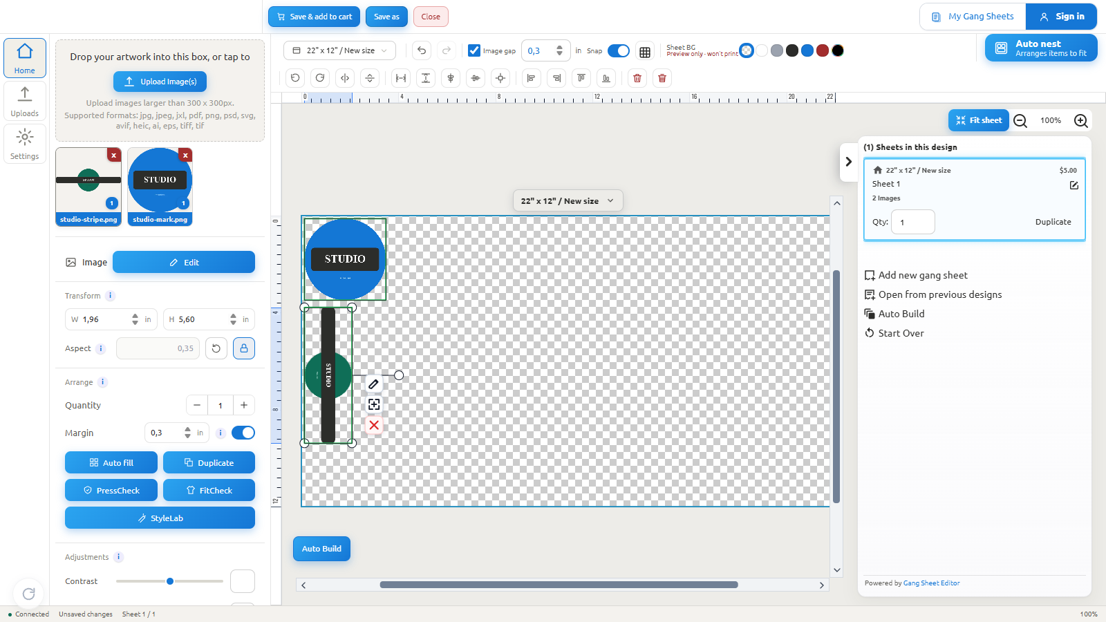 Gang Sheet Editor showing a multi-sheet design and artwork controls